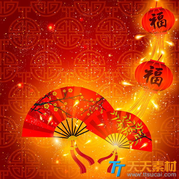 中国风新年喜庆背景扇子灯笼元素矢量素