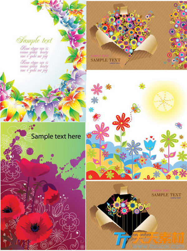 几款绚丽的七彩花朵卡片背景矢量素材