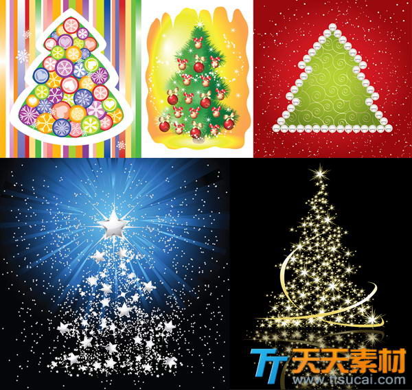 5种风格彩色发光圣诞树矢量素材